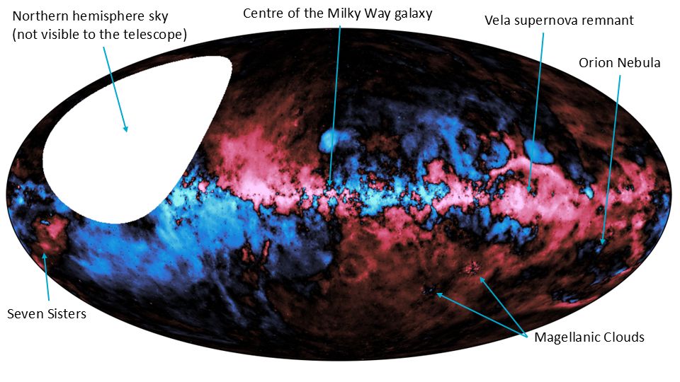 An annotated version of the map from ASKAP showing electromagnetism in red and blue.